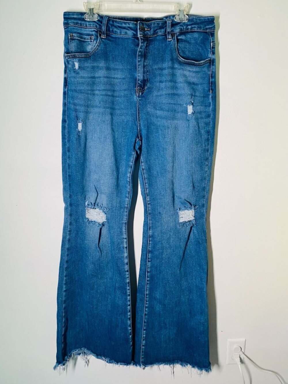 Risen Distressed Flare Jeans With Raw Hem And Rips Size 2XL By Wild Oak Boutique